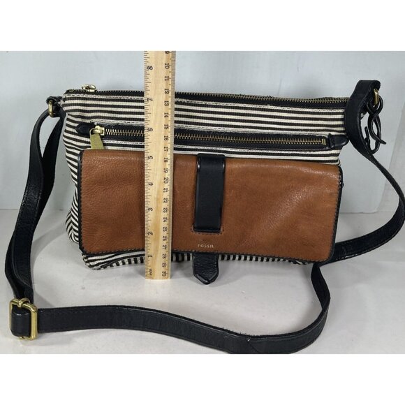 Fossil Kinley Black White Canvas Fabric Striped Brown Leather Crossbody Bag - Picture 11 of 16